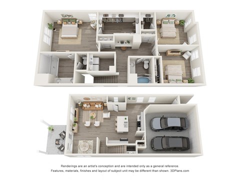 a 3d floor plan of a 3 bedroom apartment
